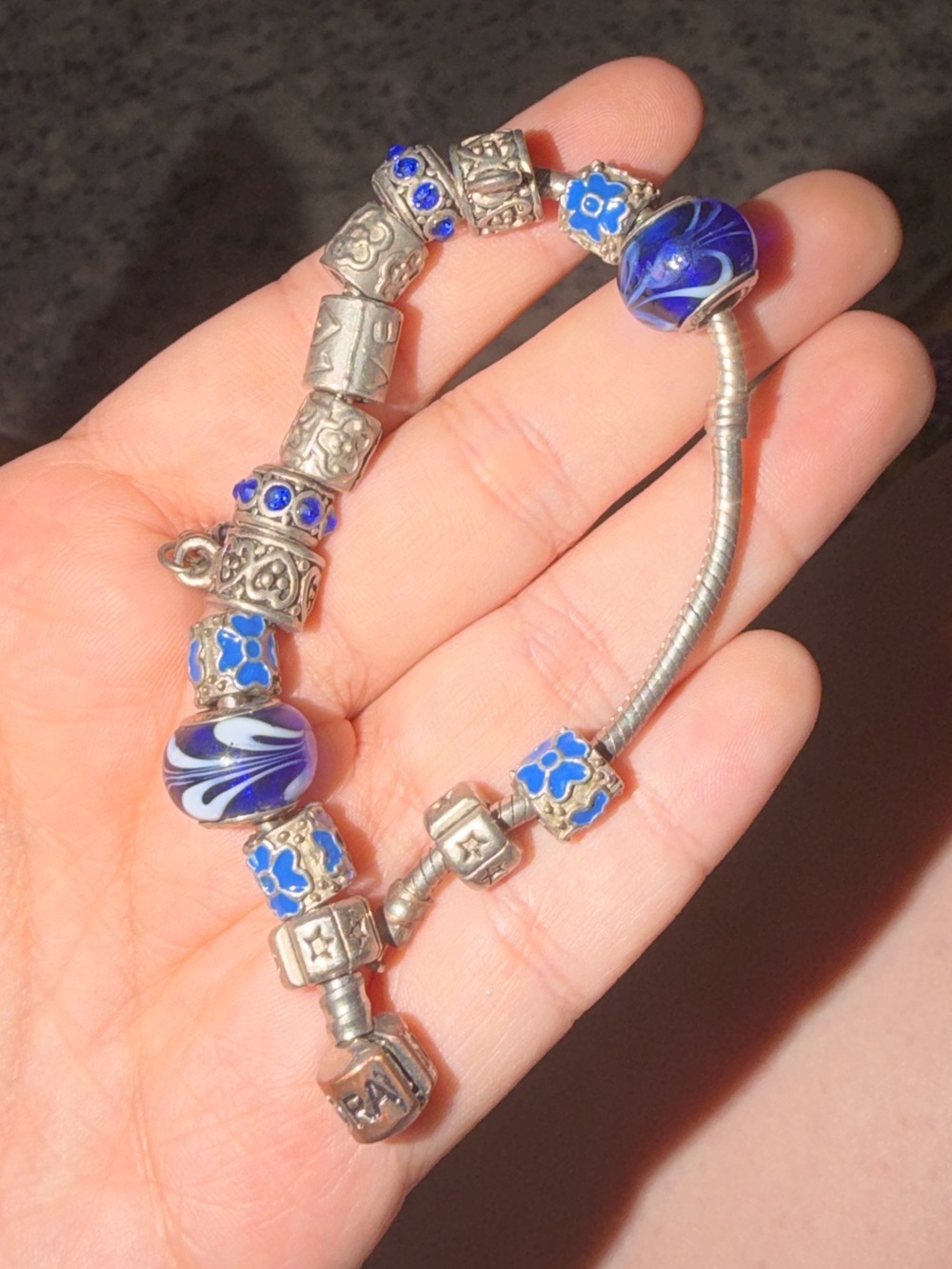 Pandora Silver Bracelet with Blue Glass and Enamel Beads